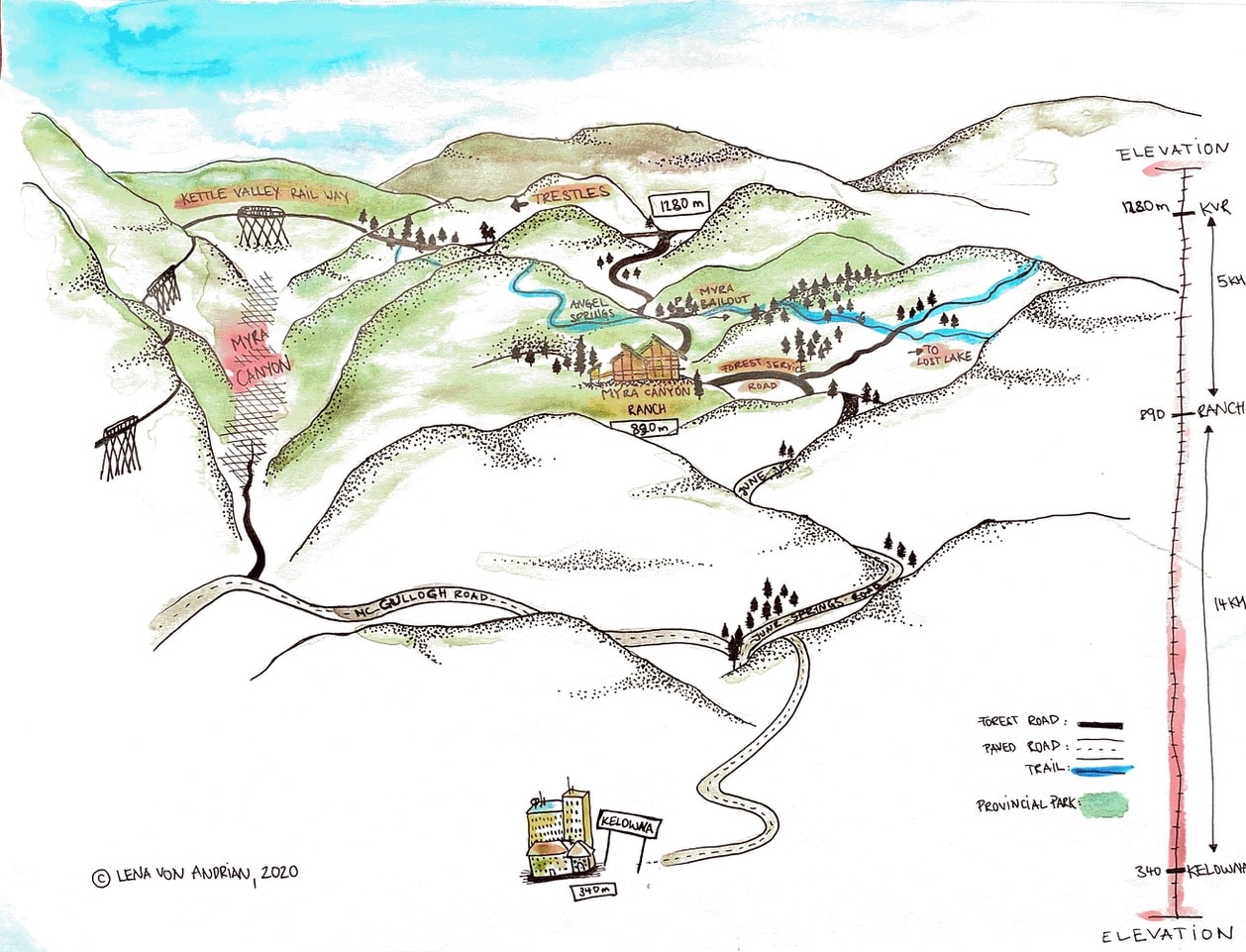Myra Canyon Kelowna: escursione in bicicletta lungo una vecchia ferrovia in Canada 3 Mappa Myra Canyon